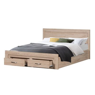 Bolivar 150x200 Queen Bed with 2-Front Drawer Storage - Vintage Oak - With 2-Year Warranty